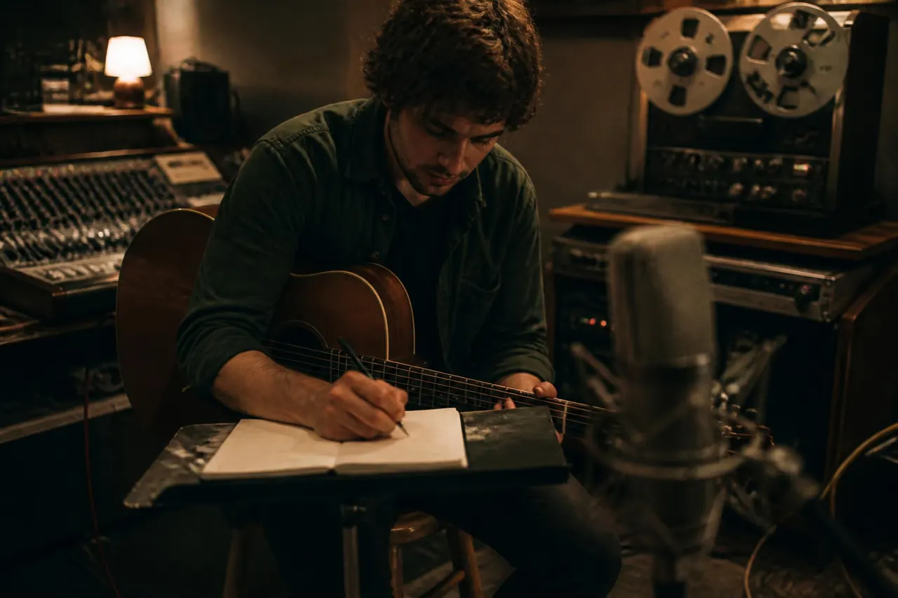 Independent artist writing songs in a small studio